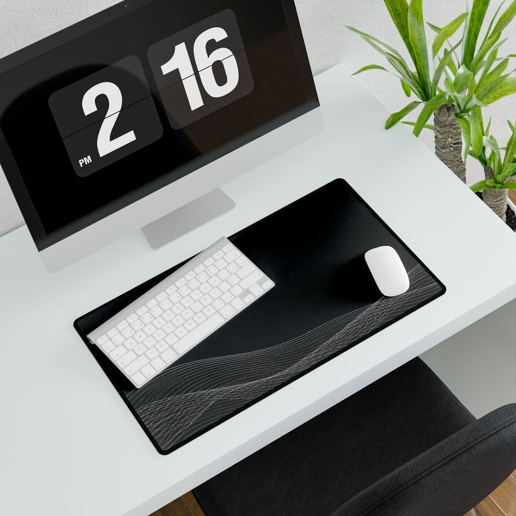 Printify preview: Charcoal Interference, 23.6 × 13.8 inches, with keyboard and mouse on a white desk, viewed at an angle.