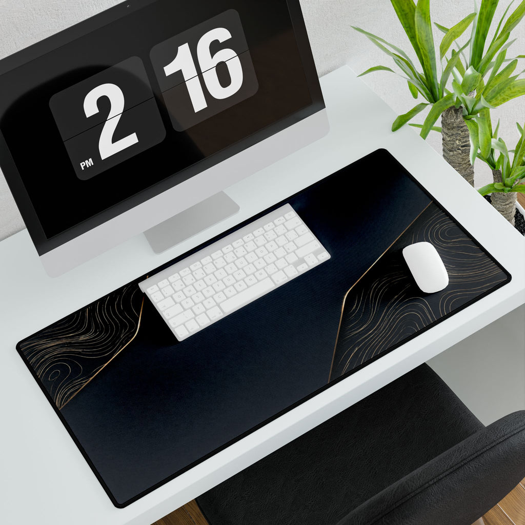 Printify preview: Navy Cutaway, 31.5 × 15.5 inches, with keyboard and mouse on a white desk, viewed at an angle.
