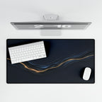 Printify preview: Navy Radiance, 31.5 × 15.5 inches, overhead desk view with keyboard and mouse.