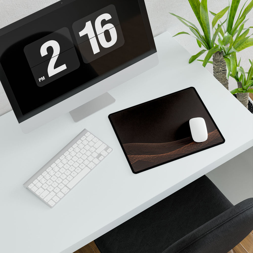 Printify preview: Espresso Interference, 14.4 × 12.1 inches, with a mouse beside a keyboard, viewed at an angle.