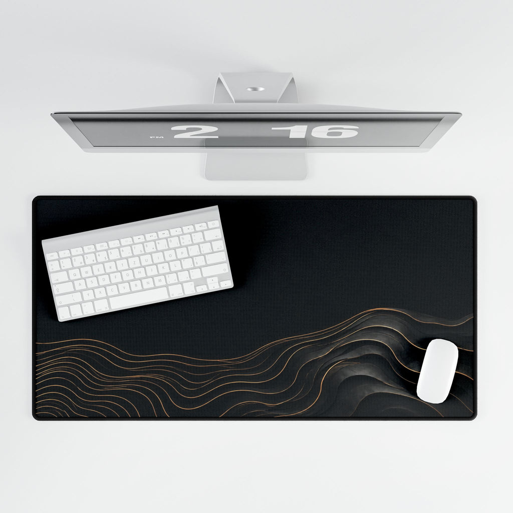Printify preview: overhead view of Obsidian Evolution, 31.5 × 15.5 inches, with keyboard and mouse.