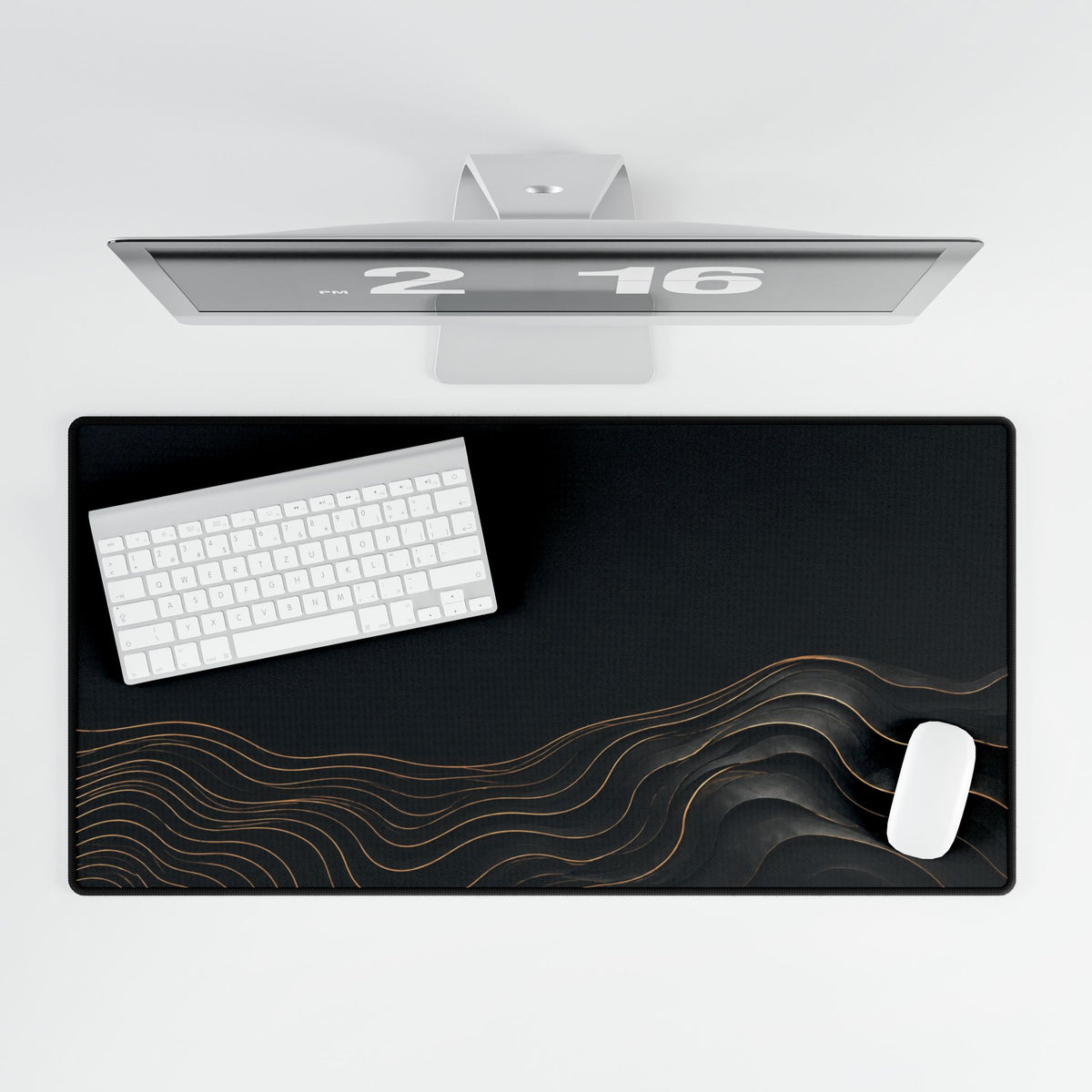 Printify preview: overhead view of Obsidian Evolution, 31.5 × 15.5 inches, with keyboard and mouse.