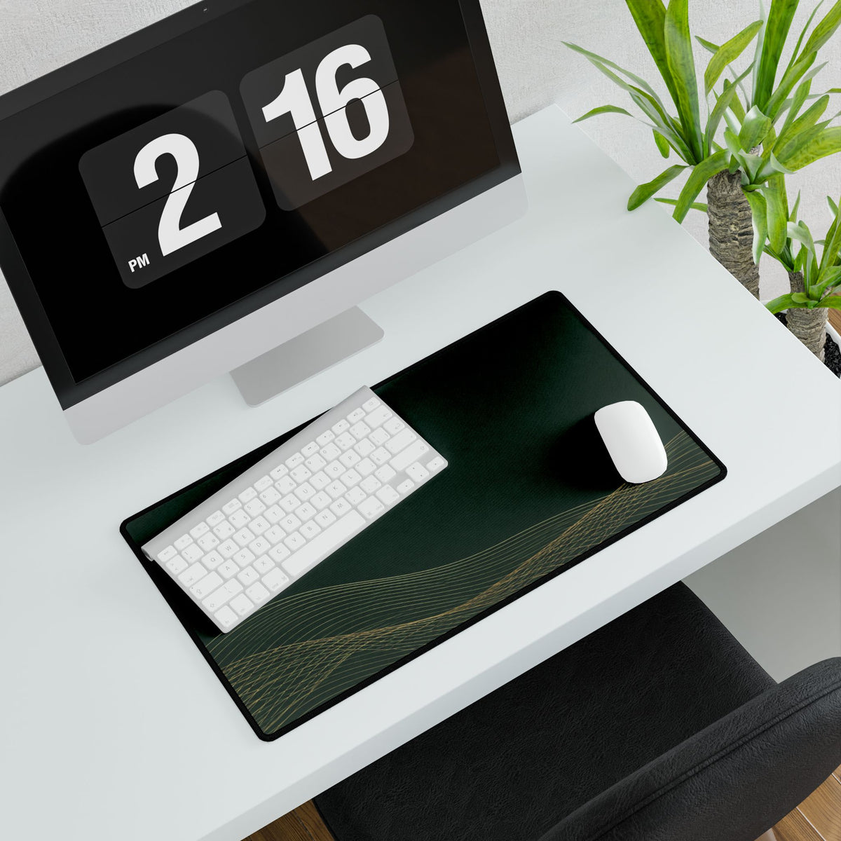 Printify preview: Forest Interference, 23.6 × 13.8 inches, with keyboard and mouse on a white desk, viewed at an angle.