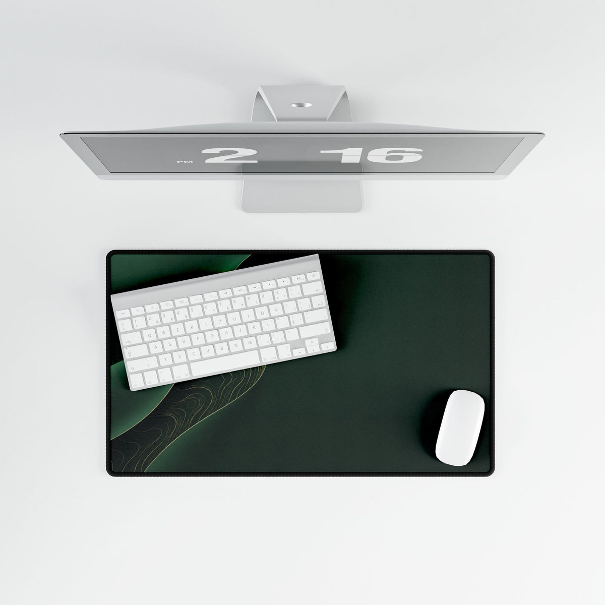 Printify preview: Forest Fold, 23.6 × 13.8 inches, overhead desk view with keyboard and mouse.