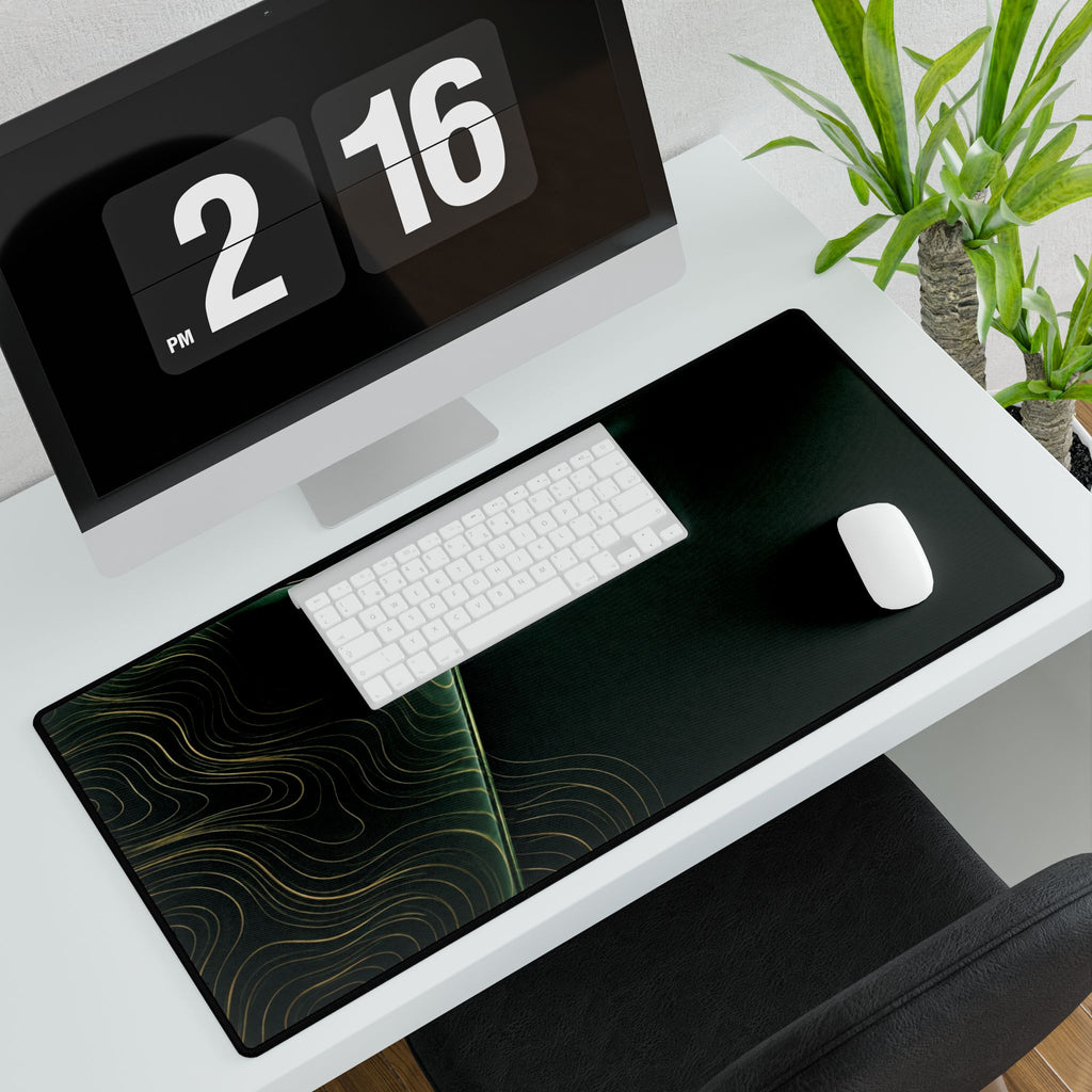 Printify preview: Forest Optic, 31.5 × 15.5 inches, with keyboard and mouse on a white desk, viewed at an angle.