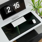 Printify preview: Forest Optic, 31.5 × 15.5 inches, with keyboard and mouse on a white desk, viewed at an angle.