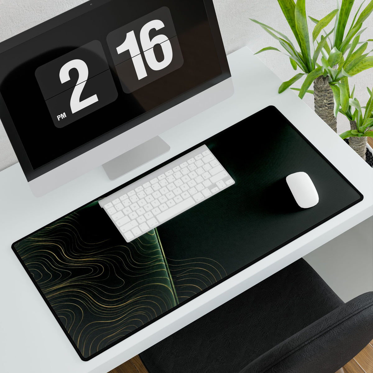 Printify preview: Forest Optic, 31.5 × 15.5 inches, with keyboard and mouse on a white desk, viewed at an angle.