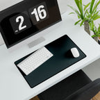 Printify preview: Minimal Deep Teal, 14.4 × 12.1 inches, angled desk view with keyboard and mouse.