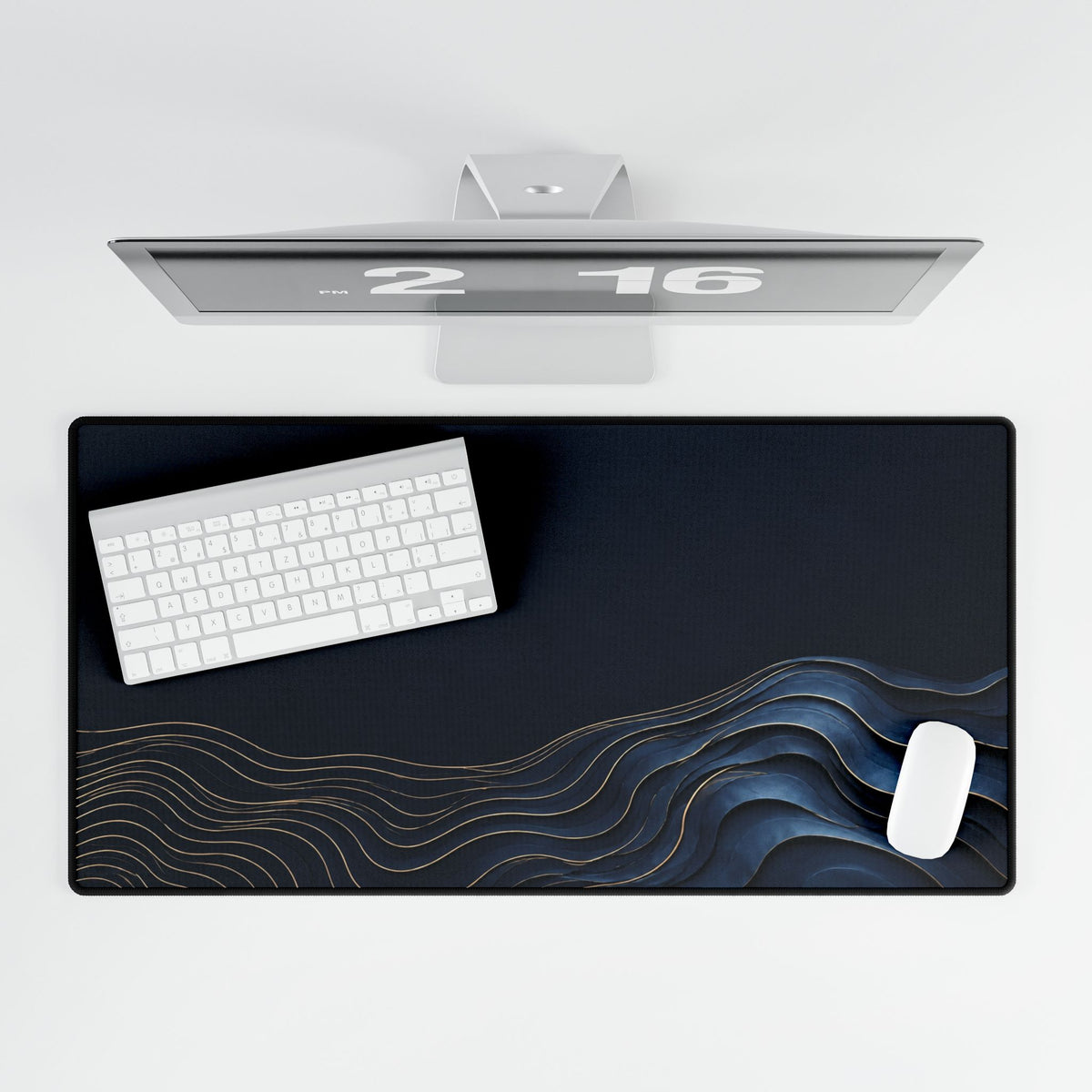 Printify preview: overhead view of Navy Evolution, 31.5 × 15.5 inches, with keyboard and mouse.