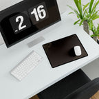Minimal Chocolate compact desk mat with a mouse beside a white keyboard, viewed at an angle.