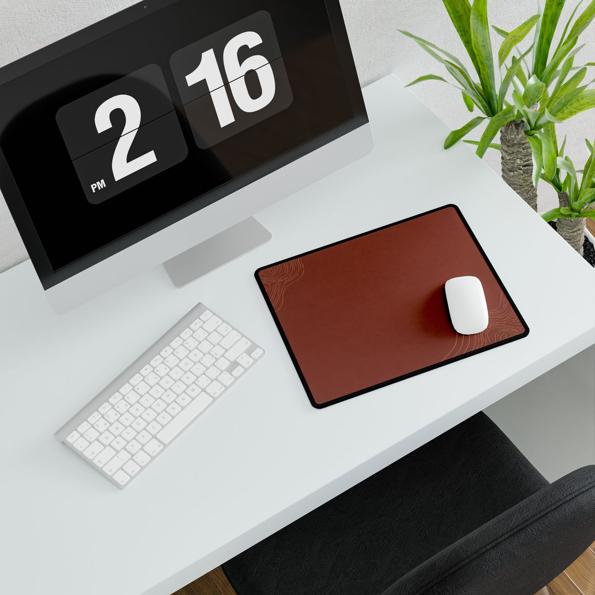 Printify preview: Minimal Terra Ember, 31.5 × 15.5 inches, angled desk view with keyboard and mouse.