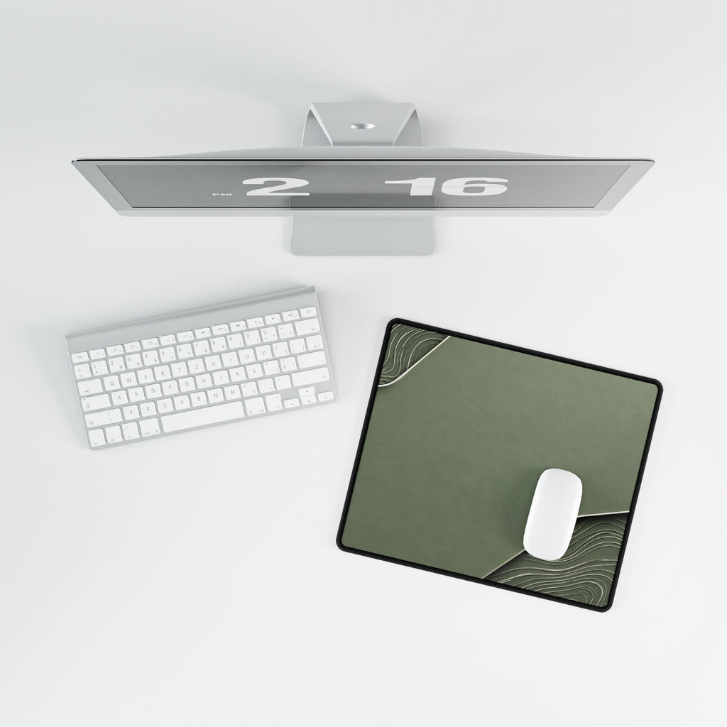 Printify preview: overhead view of Sage Cutaway, 14.4 × 12.1 inches, with a mouse beside a keyboard.
