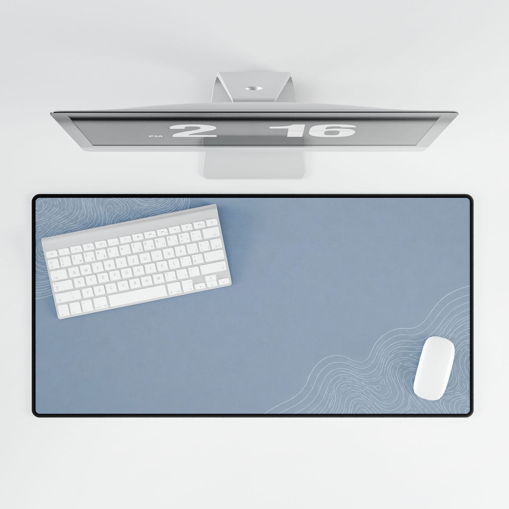 Printify preview: Minimal Artic Mist, 31.5 × 15.5 inches, overhead desk view with keyboard and mouse.