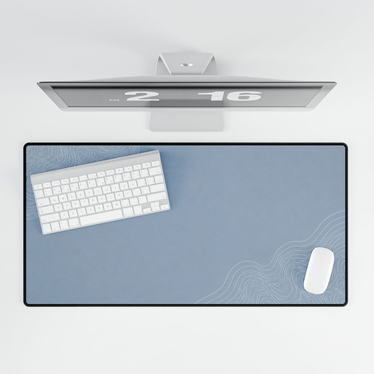 Printify preview: Minimal Artic Mist, 31.5 × 15.5 inches, overhead desk view with keyboard and mouse.