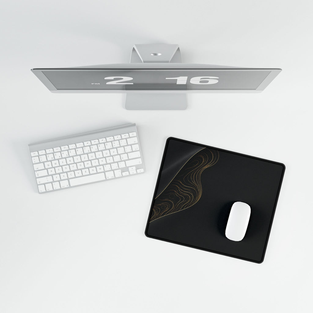 Printify preview: Obsidian Fold, 14.4 × 12.1 inches, overhead desk view with keyboard and mouse.