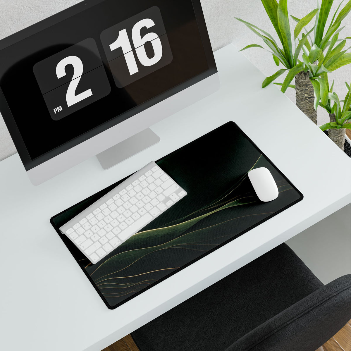 Printify preview: Forest Horizon, 23.6 × 13.8 inches, with keyboard and mouse on a white desk, viewed at an angle.