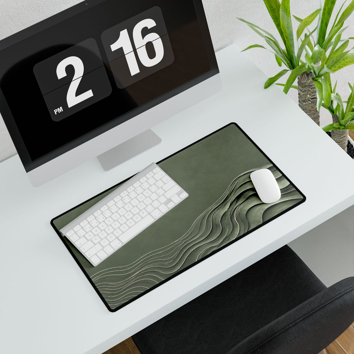 Printify preview: Sage Evolution, 23.6 × 13.8 inches, with keyboard and mouse on a white desk, viewed at an angle.