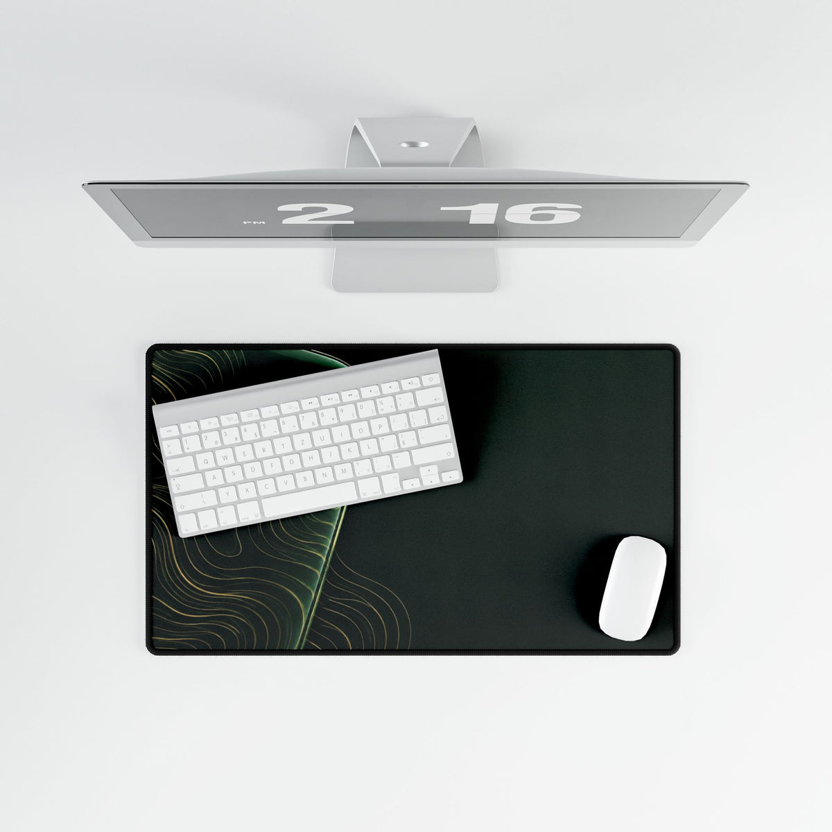 Printify preview: overhead view of Forest Optic, 23.6 × 13.8 inches, with keyboard and mouse.