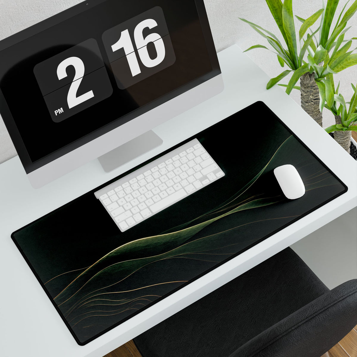 Printify preview: Forest Horizon, 31.5 × 15.5 inches, with keyboard and mouse on a white desk, viewed at an angle.
