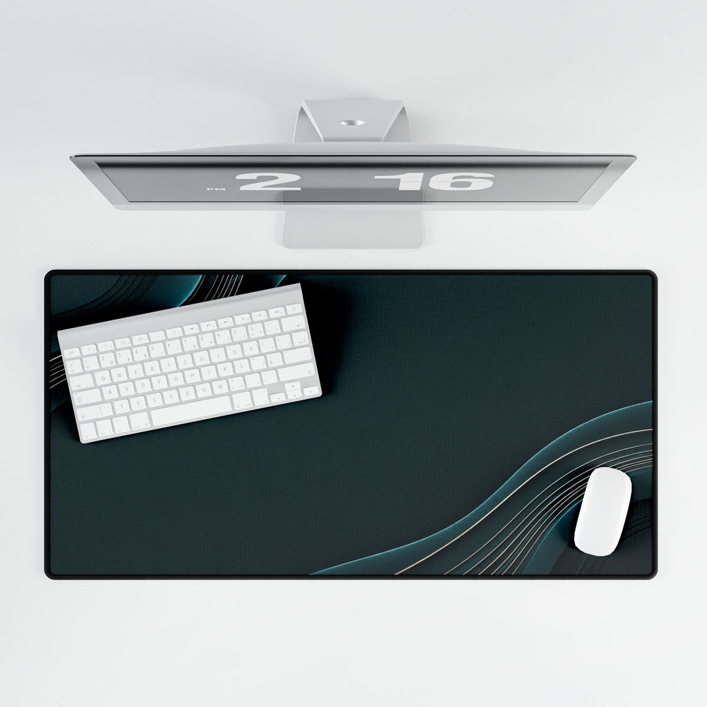 Printify preview: Teal Relief, 31.5 × 15.5 inches, overhead desk view with keyboard and mouse.
