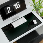 Printify preview: Forest Cutaway, 31.5 × 15.5 inches, with keyboard and mouse on a white desk, viewed at an angle.