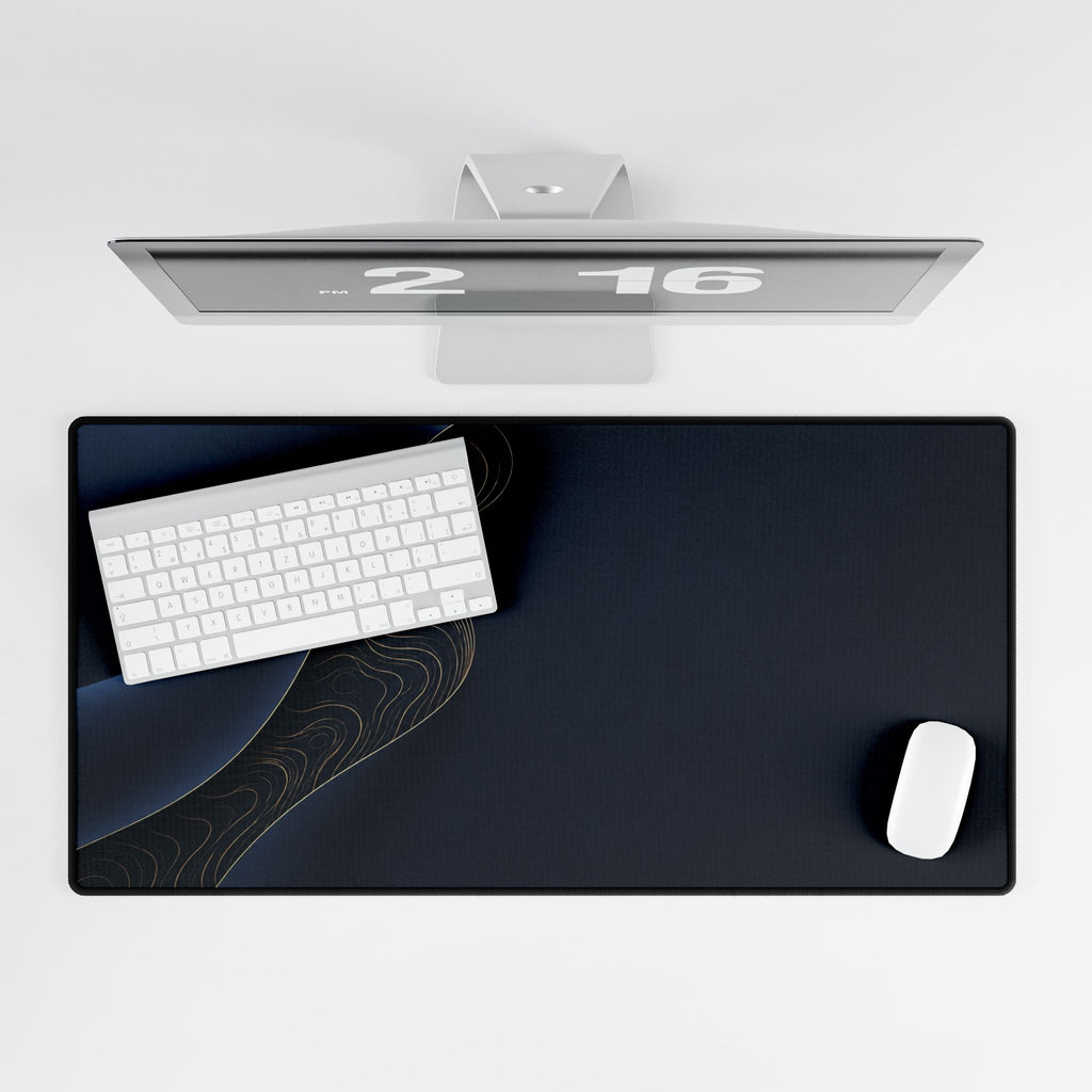 Printify preview: Navy Fold, 31.5 × 15.5 inches, overhead desk view with keyboard and mouse.