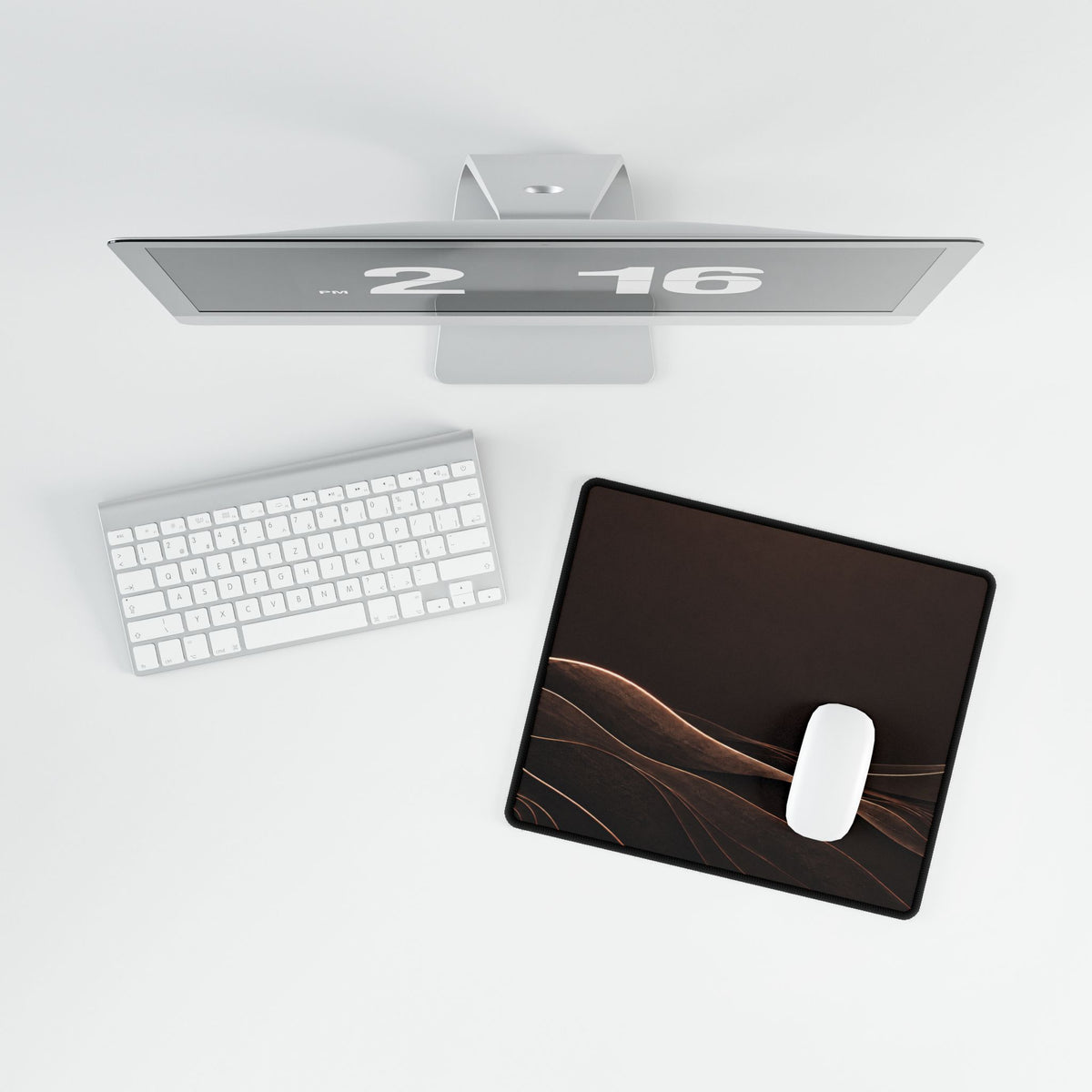 Printify preview: overhead view of Espresso Horizon, 14.4 × 12.1 inches, with a mouse beside a keyboard.
