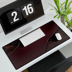 Printify preview: Burgundy Cutaway, 31.5 × 15.5 inches, with keyboard and mouse on a white desk, viewed at an angle.