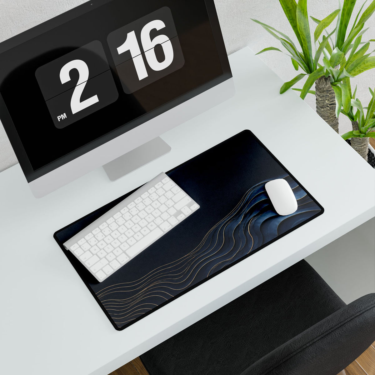 Printify preview: Navy Evolution, 23.6 × 13.8 inches, with keyboard and mouse on a white desk, viewed at an angle.