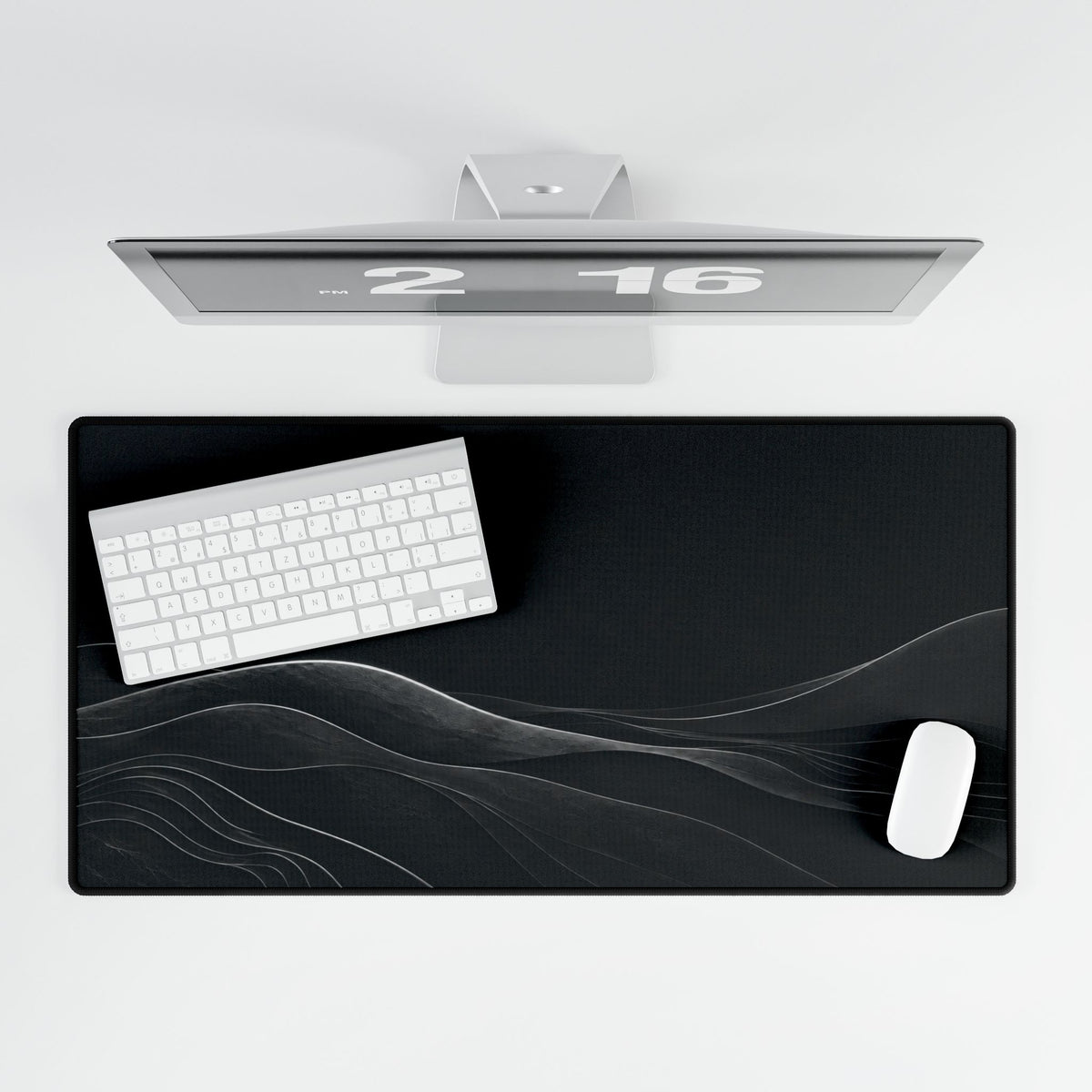 Printify preview: overhead view of Graphite Horizon, 31.5 × 15.5 inches, with keyboard and mouse.
