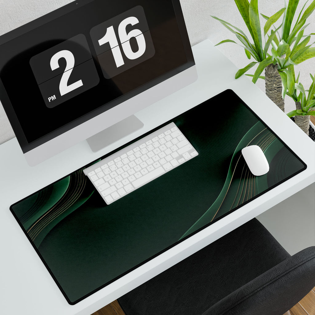 Printify preview: Forest Relief, 31.5 × 15.5 inches, angled desk view with keyboard and mouse.