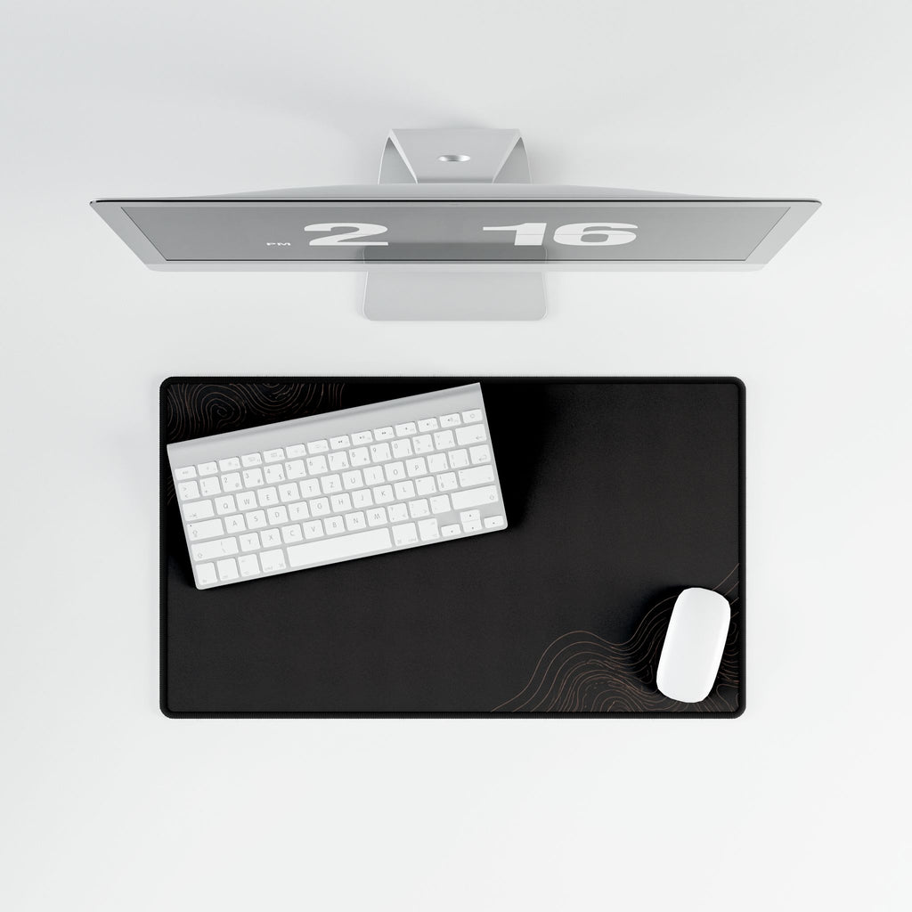 Printify preview: Minimal Espresso Bronze, 23.6 × 13.8 inches, overhead desk view with keyboard and mouse.