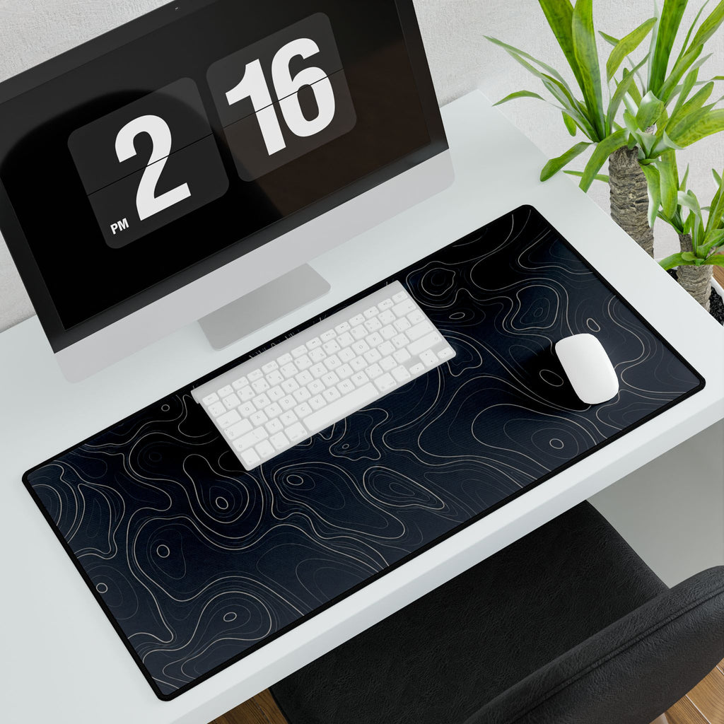 Printify preview: Navy Atlas, 31.5 × 15.5 inches, angled desk view with keyboard and mouse.