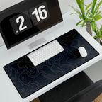 Printify preview: Navy Atlas, 31.5 × 15.5 inches, angled desk view with keyboard and mouse.
