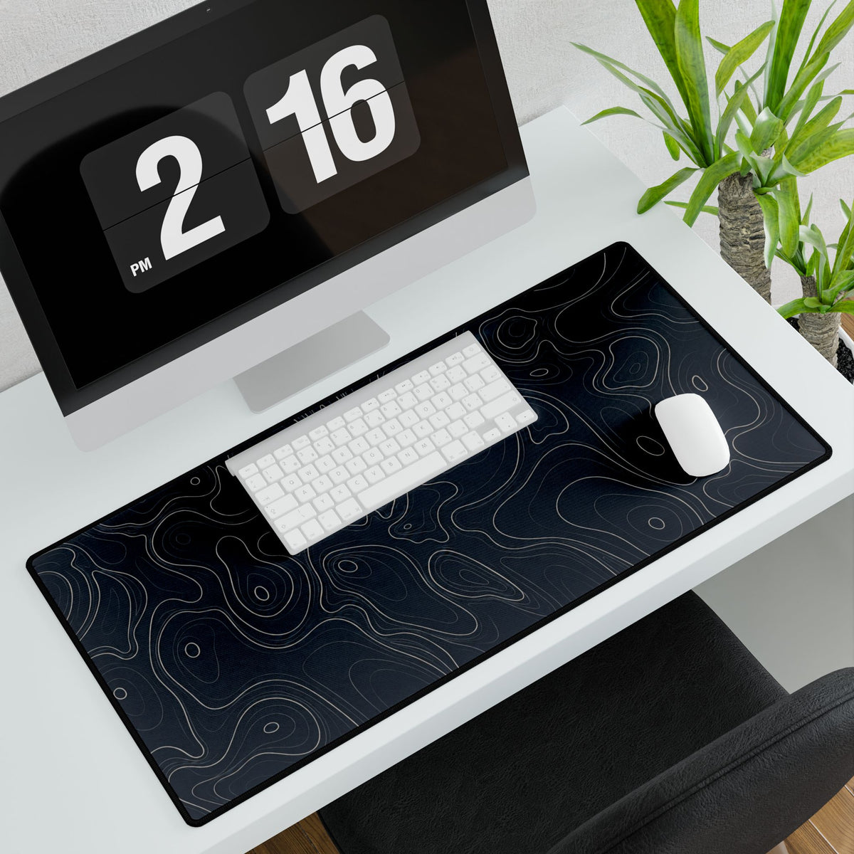 Printify preview: Navy Atlas, 31.5 × 15.5 inches, angled desk view with keyboard and mouse.