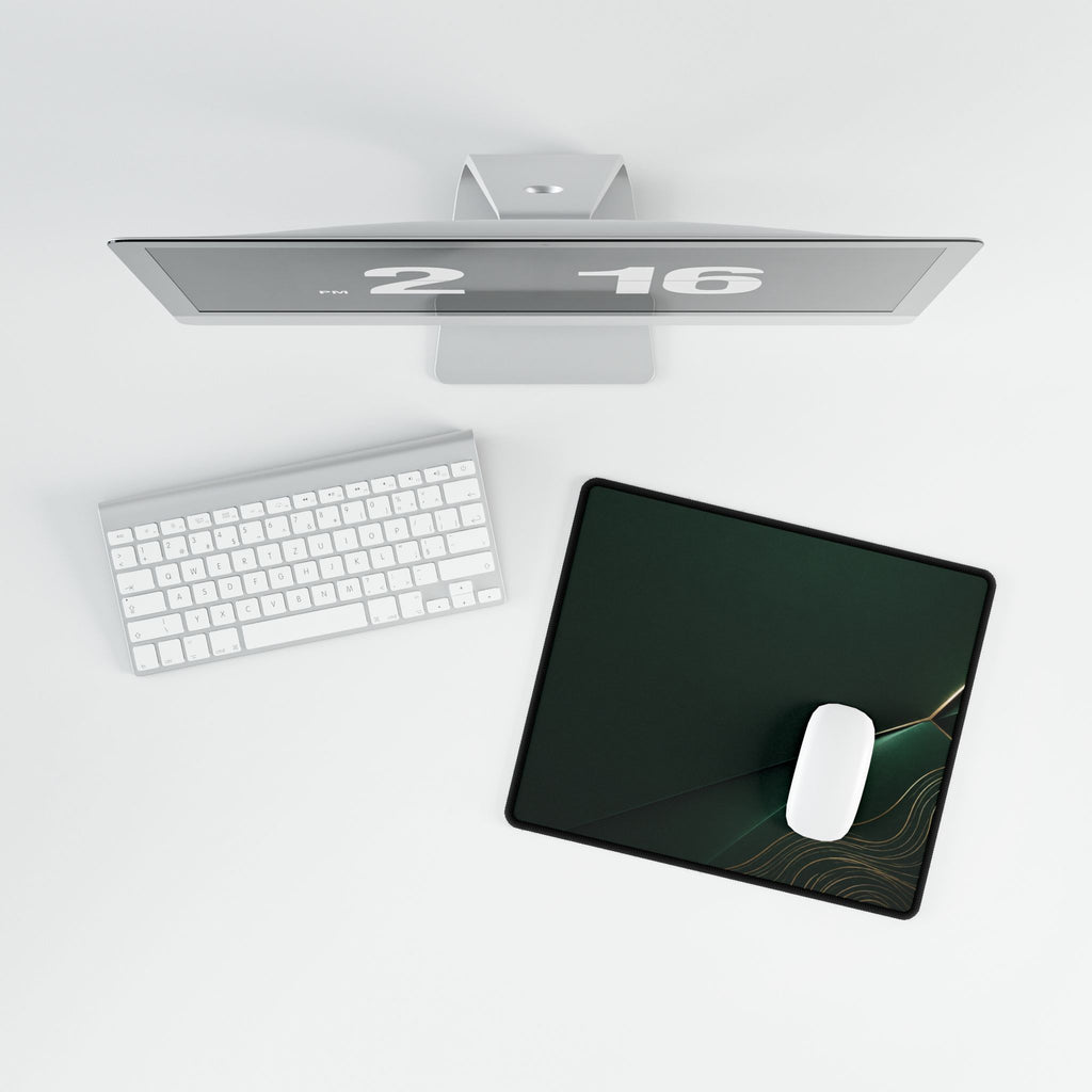 Printify preview: Forest Facet, 14.4 × 12.1 inches, overhead desk view with keyboard and mouse.