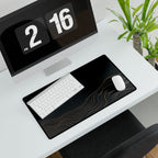 Printify preview: Obsidian Evolution, 23.6 × 13.8 inches, with keyboard and mouse on a white desk, viewed at an angle.