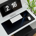 Printify preview: Navy Facet, 31.5 × 15.5 inches, angled desk view with keyboard and mouse.