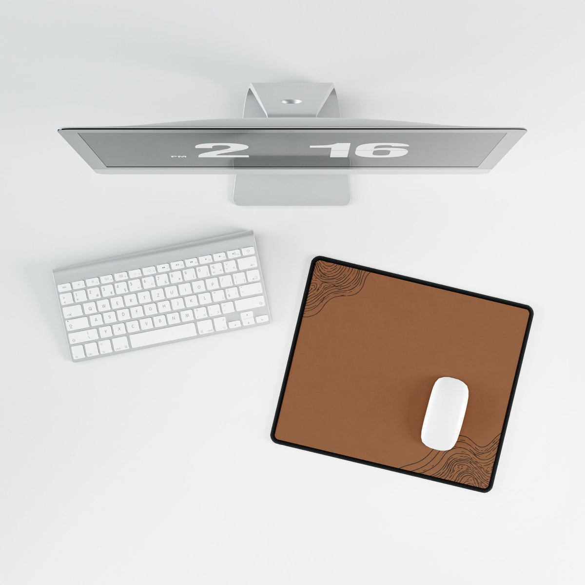 Printify preview: Minimal Cognac Ink, 14.4 × 12.1 inches, overhead desk view with keyboard and mouse.