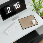 Minimal Beige compact desk mat with a mouse beside a white keyboard, viewed at an angle.