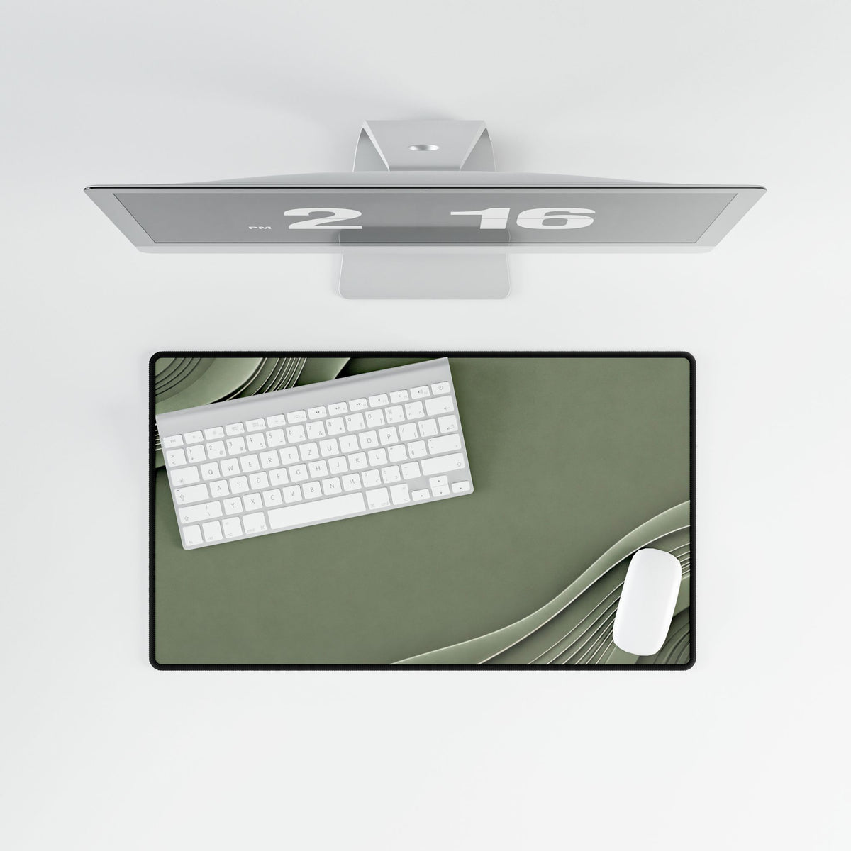 Printify preview: Sage Relief, 23.6 × 13.8 inches, overhead desk view with keyboard and mouse.