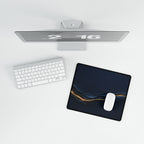 Printify preview: Navy Radiance, 14.4 × 12.1 inches, overhead desk view with keyboard and mouse.