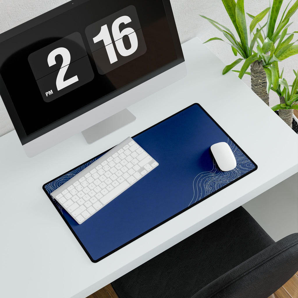 Printify preview: Minimal Cobalt Pearl, 23.6 × 13.8 inches, angled desk view with keyboard and mouse.