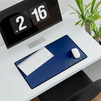 Printify preview: Minimal Cobalt Pearl, 23.6 × 13.8 inches, angled desk view with keyboard and mouse.