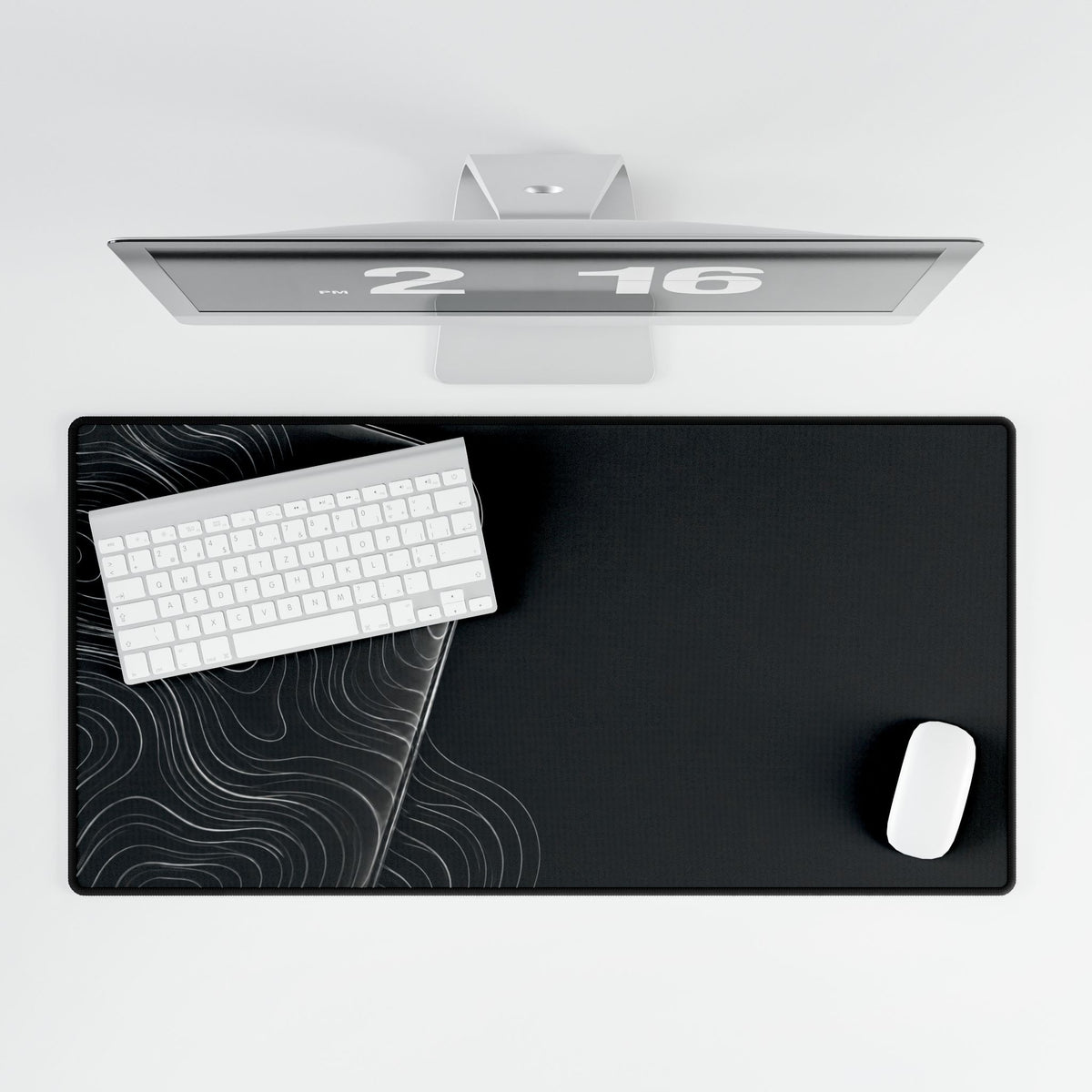 Printify preview: overhead view of Charcoal Optic, 31.5 × 15.5 inches, with keyboard and mouse.