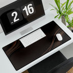 Printify preview: Espresso Relief, 31.5 × 15.5 inches, angled desk view with keyboard and mouse.