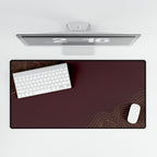 Overhead view of Minimal Burgundy desk mat beneath a keyboard and mouse on a white desk.