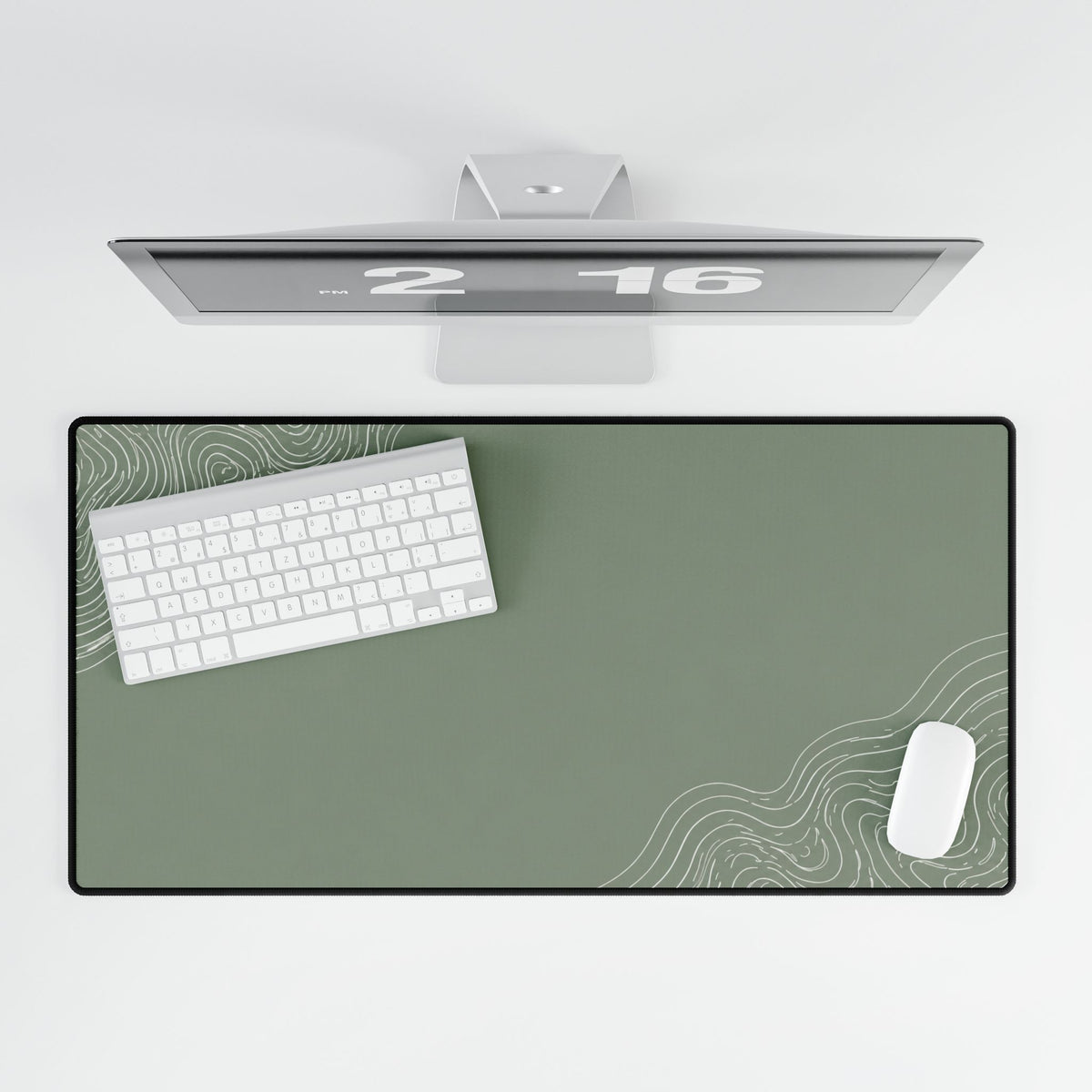 Overhead view of Minimal Green desk mat beneath a keyboard and mouse on a white desk.