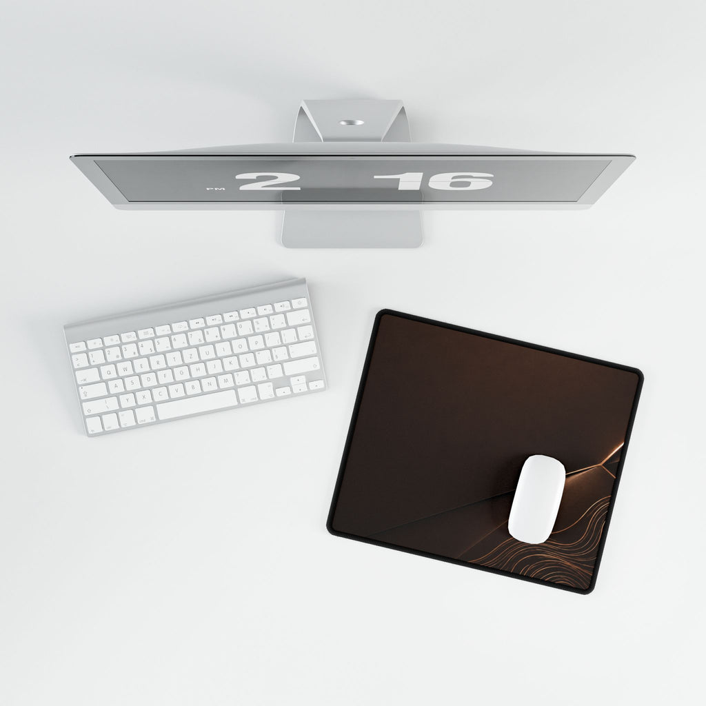 Printify preview: Espresso Facet, 14.4 × 12.1 inches, overhead desk view with keyboard and mouse.