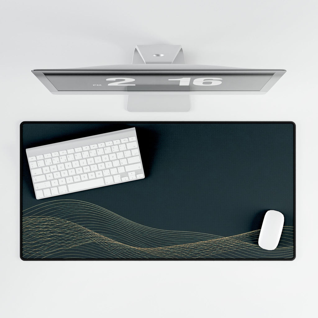 Printify preview: overhead view of Teal Interference, 31.5 × 15.5 inches, with keyboard and mouse.